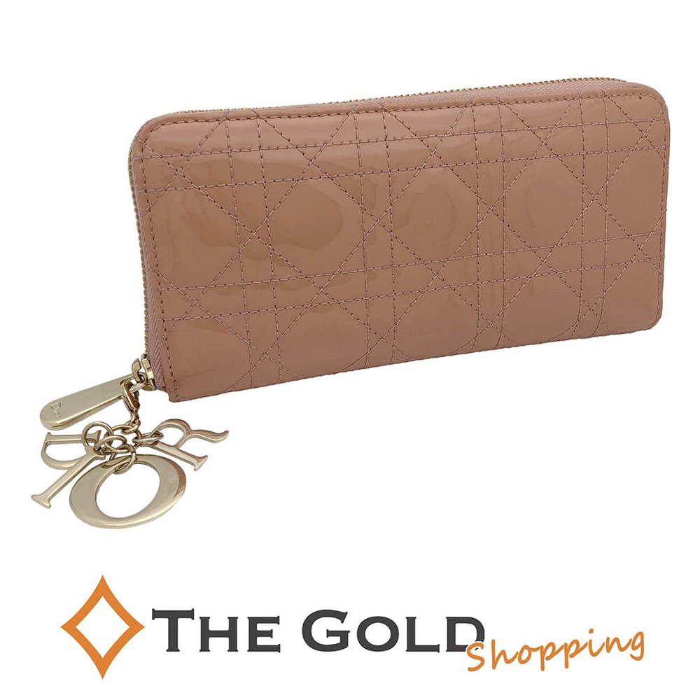 Christian Dior Round Zip Long Wallet Enamel Cannage Charm Leather Beige Pink